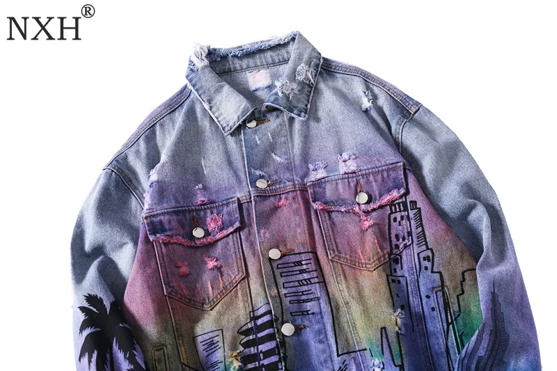 NXH Радуга Цвет хип-хоп джинсовая куртка Голливуд печати Пара уличная Для мужчин