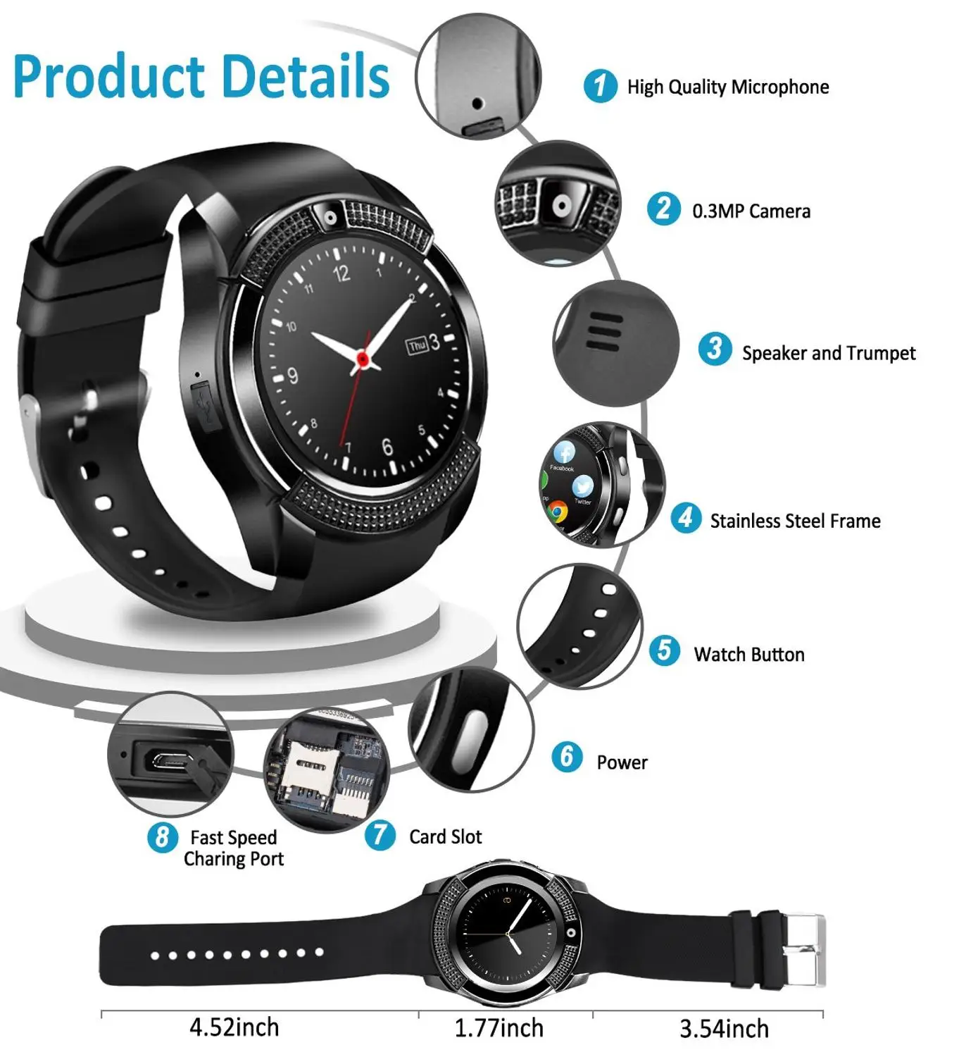 Умные часы умные для телефонов Android сенсорный экран с камерой Bluetooth телефон