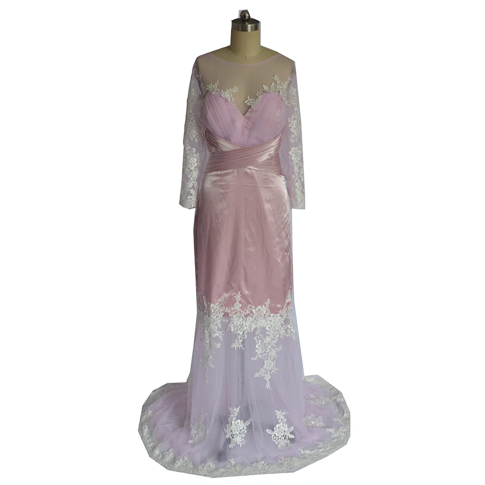 

Hot Sale A-Line O Neck Long Sleeves Two Toned Prom Dresses Appliques Court Train Prom Evening Dresses