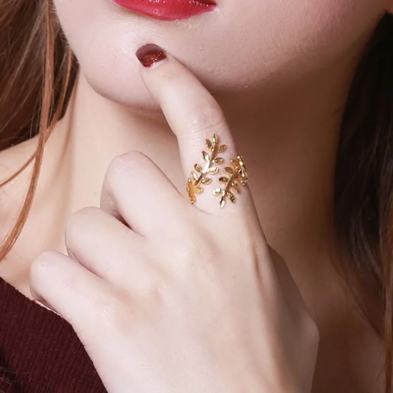 

OMHXFC Wholesale European Fashion Woman Girl Bride Party Birthday Wedding Gift Vintage Leaves Open Resizable 18KT Gold Ring EJ02