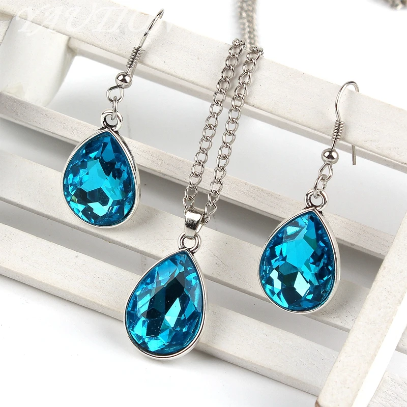 

1set Vintage Water drop Pendant Necklace & earrings Fashion Jewelry blue