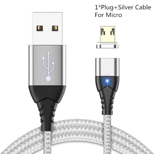 Silvery For Micro 1 м 3 А Магнитный зарядный кабель Micro USB кабель для Xiaomi iphone XR XS Max X магнитное зарядное устройство usb type C светодиодный кабель для зарядки - Цвет: Silvery For Micro
