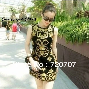 2013 New Free shipping European and American luxurious Gold embroidery black tight skirts Vintage sexy hip dress | Женская одежда