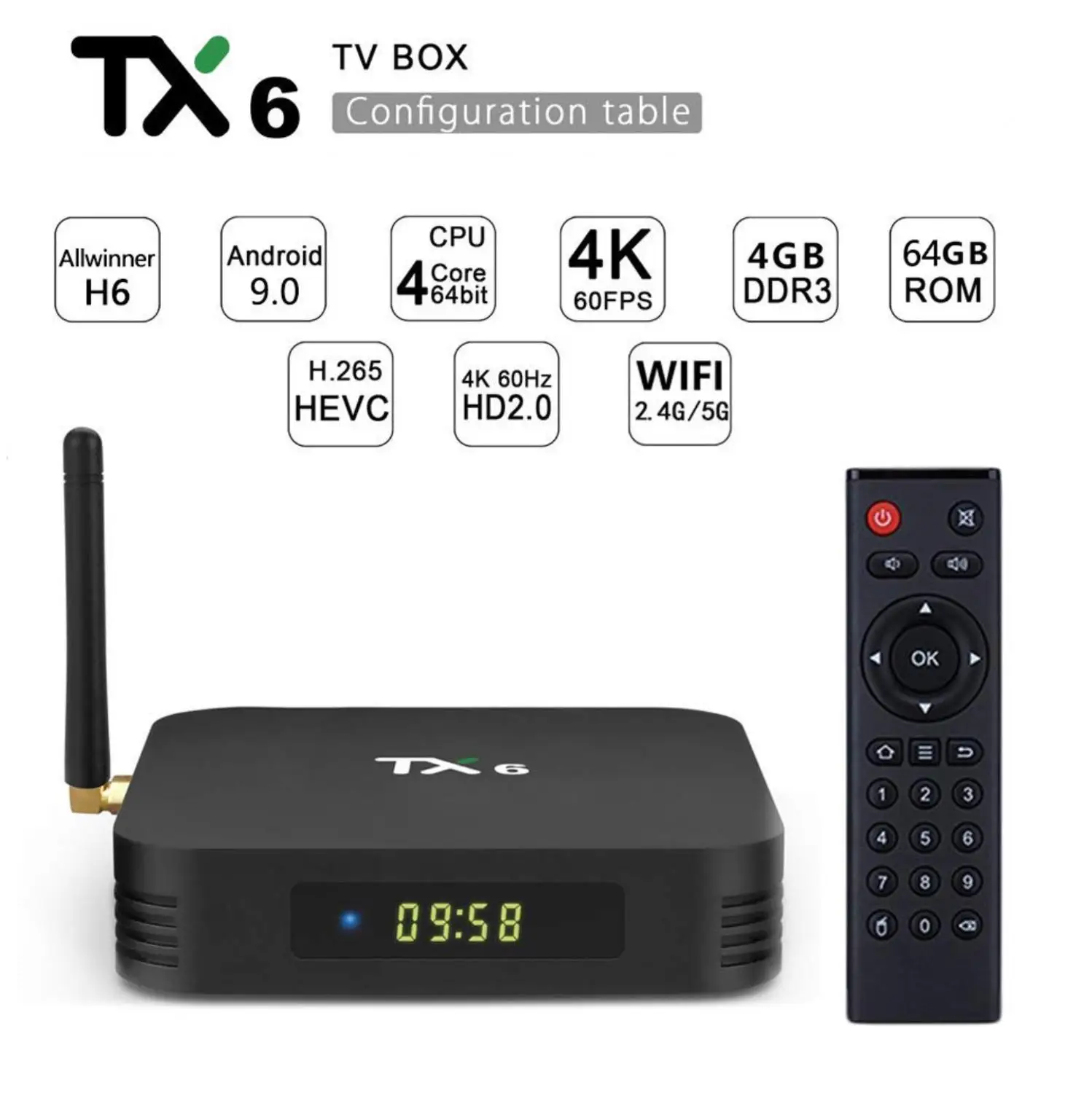 TX6 ТВ приставка четырехъядерный процессор 4K андроида Allwinner 9,0 OS Smart tv box с двухдиапазонный Wi-Fi Bluetooth 4,1 Поддержка Youtube IPTV Set-top box