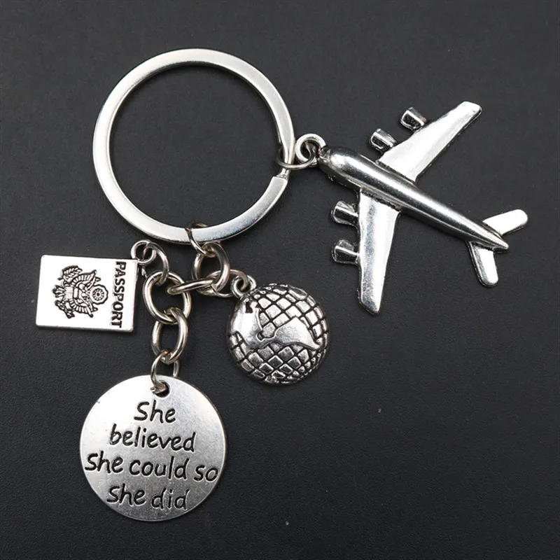 

1pc She Believe SHe Could So She Did Charm Airplane Passport Map Keyring DIY Jewelry Crafts Gift Traveler Keychain K1725