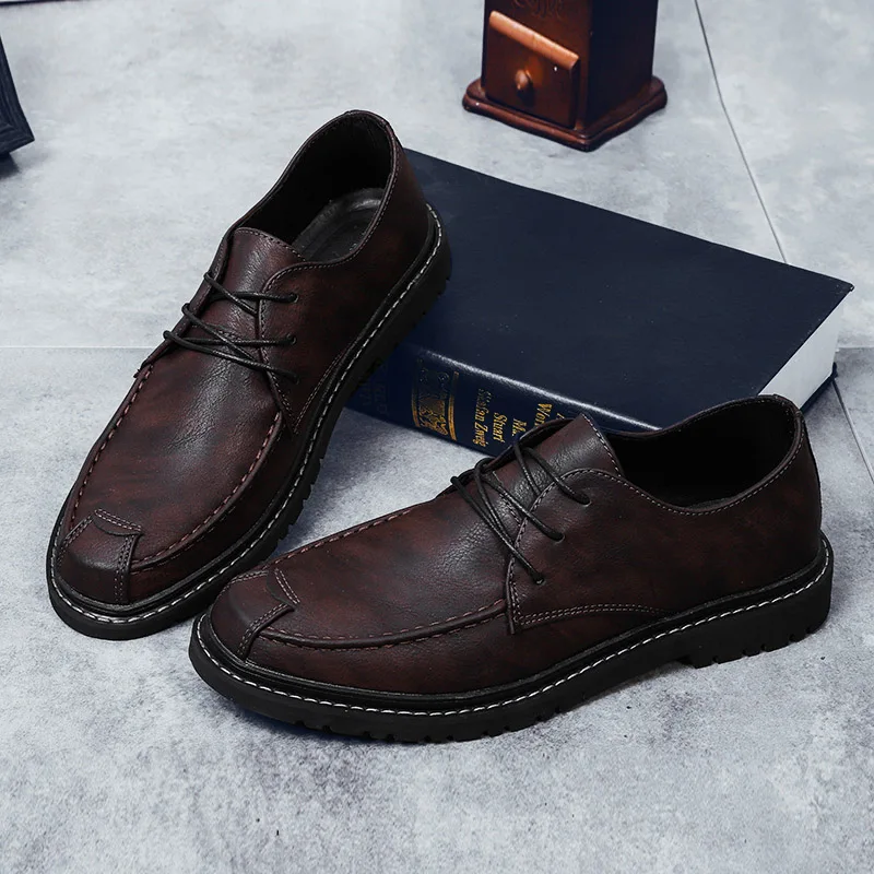 

2019 Men Flats Shoes Spring Drive Car Casual Leather Comfortable No-Slip Lace-Up Shoes Men Driving Shoe Brown Black Male