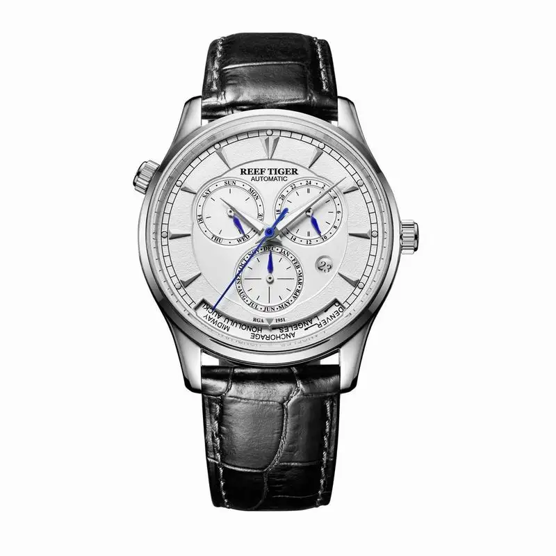 Reef Tiger/RT Мужские автоматические часы World Time Дата день месяц розовое золото кожа спортивные многофункциональные водонепроницаемые часы RGA1951 - Цвет: RGA1951YWB
