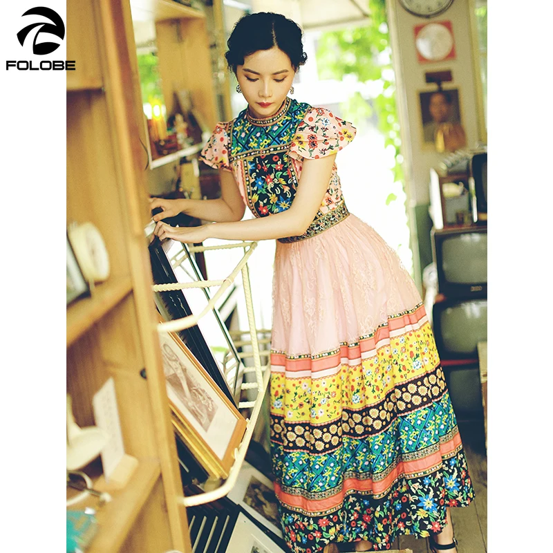 

FOLOBE 2020 Summer Luxury Runway Boho Short Sleeve Print Maxi Dress Women Lace Patchwork Holiday Beach Party Long Dress