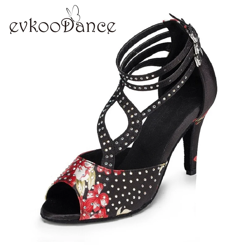 

Comfortable Flower And Black With Rhinestone Size US 4-12 Heel Height 8.5cm Professional Woman Dancing Shoes Latin Shoes NL107