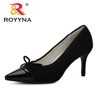 royyna new classics style woman pumps shoes pointed toe shallow high heels flock trendy pumps shoes mujer butterfly knot