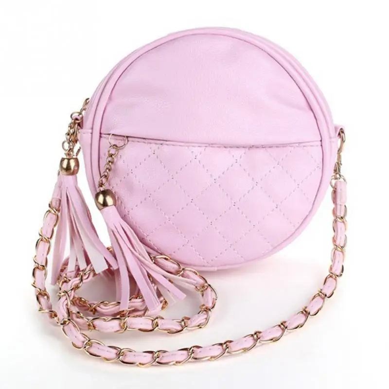 pink Женские кожаные сумки на цепочке с кисточкой, круглые маленькие сумки для девушек, сумка через плечо, яркие цвета - Цвет: pink