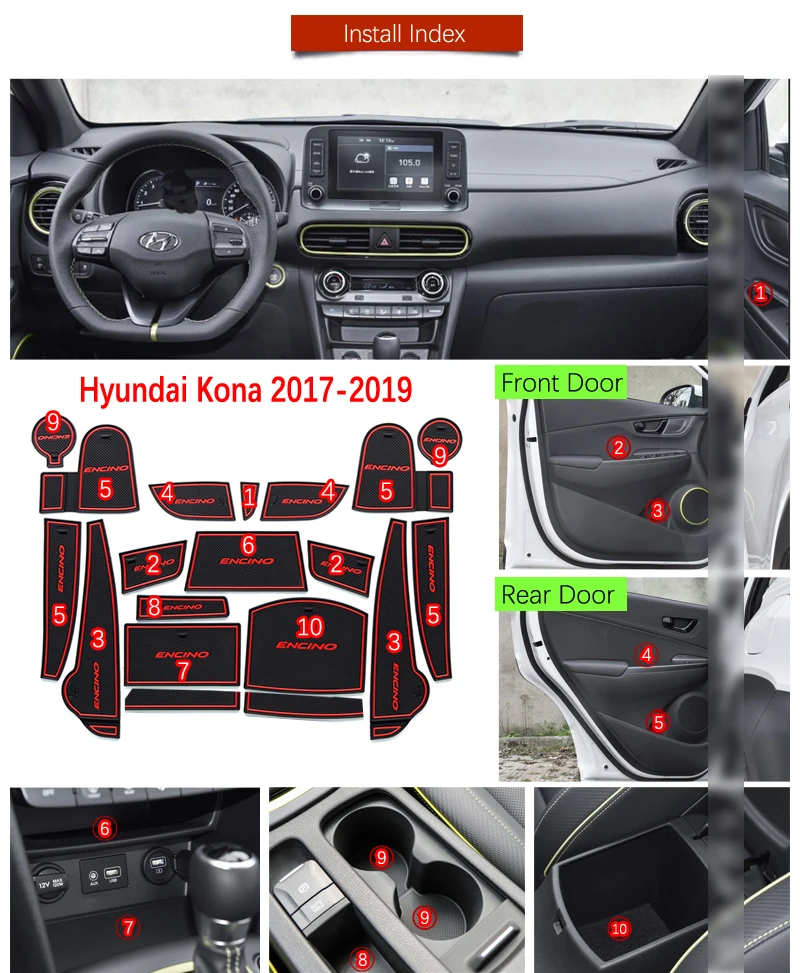 Противоскользящие резиновые коврики с прорезями для ворот чашек Hyundai Kona 2017 2018 2019