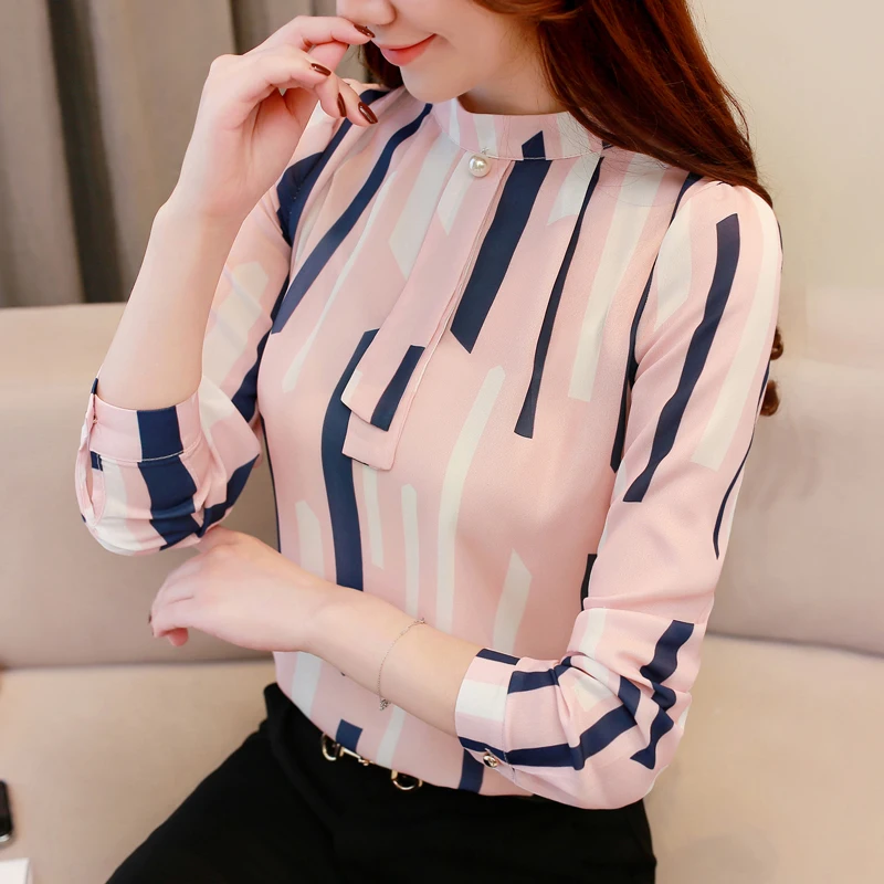 Spring fashion super long sleeve striped chiffon shirt 2019 new arrival stand collar plus size fairy casual blouse