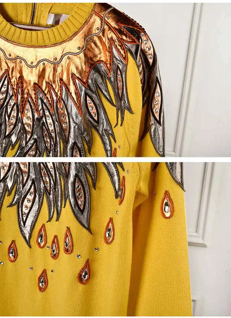 Fashion Brand Runway Designer Sweater Women Pullovers Diamonds Beading Embroidery Vintage Yellow Knitted Jumper 2019 pull femme | Женская