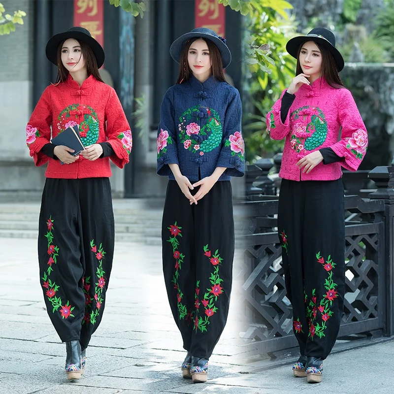 Женские китайские топы, винтажное пальто с вышивкой Hanfu, этническое пальто с воротником-стойкой, хлопковая льняная одежда в китайском стиле для женщин, FF1758