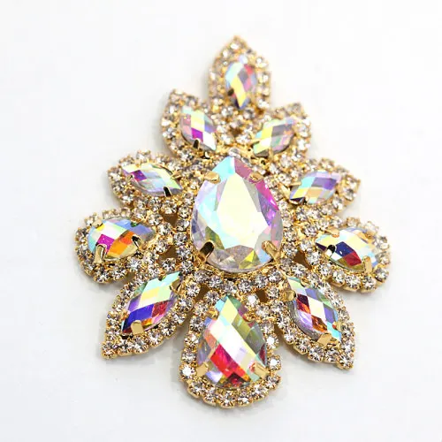 Crystal AB 5,8*4,5 см стразы из хрусталя, стразы, аппликация, Золотая основа, разноцветные стразы, аппликация для свадебного платья B1008 - Цвет: Crystal AB
