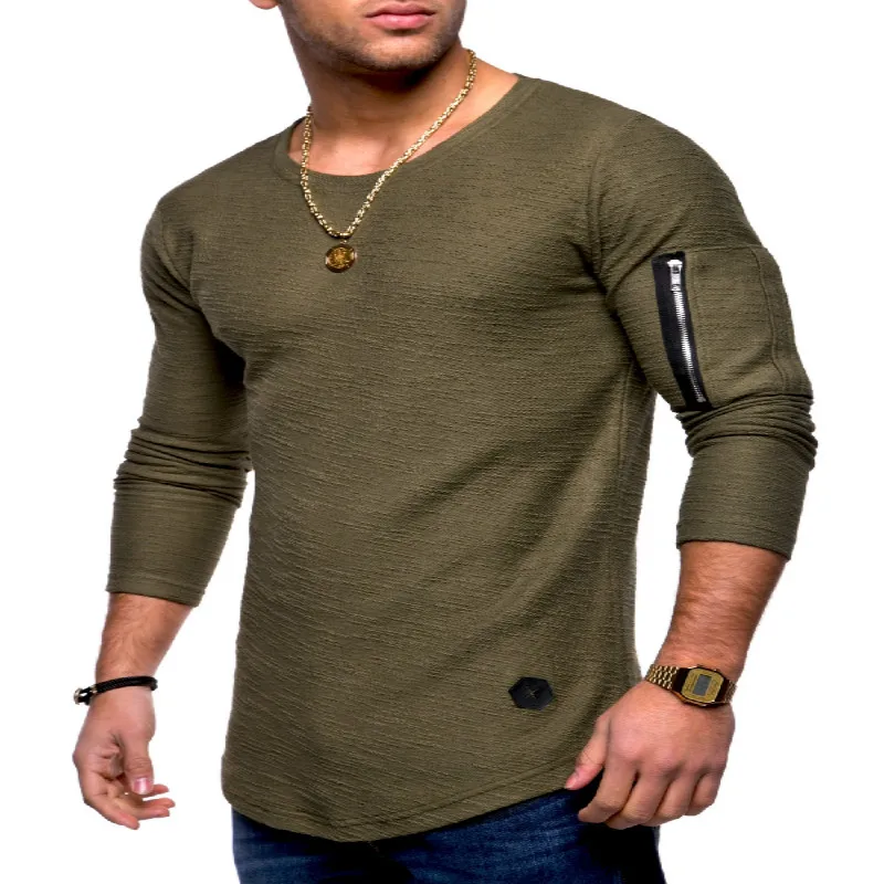 Men's Long Sleeve T-shirt 2019 Pure Collar Arm Zipper Stitching Street Dress | Мужская одежда