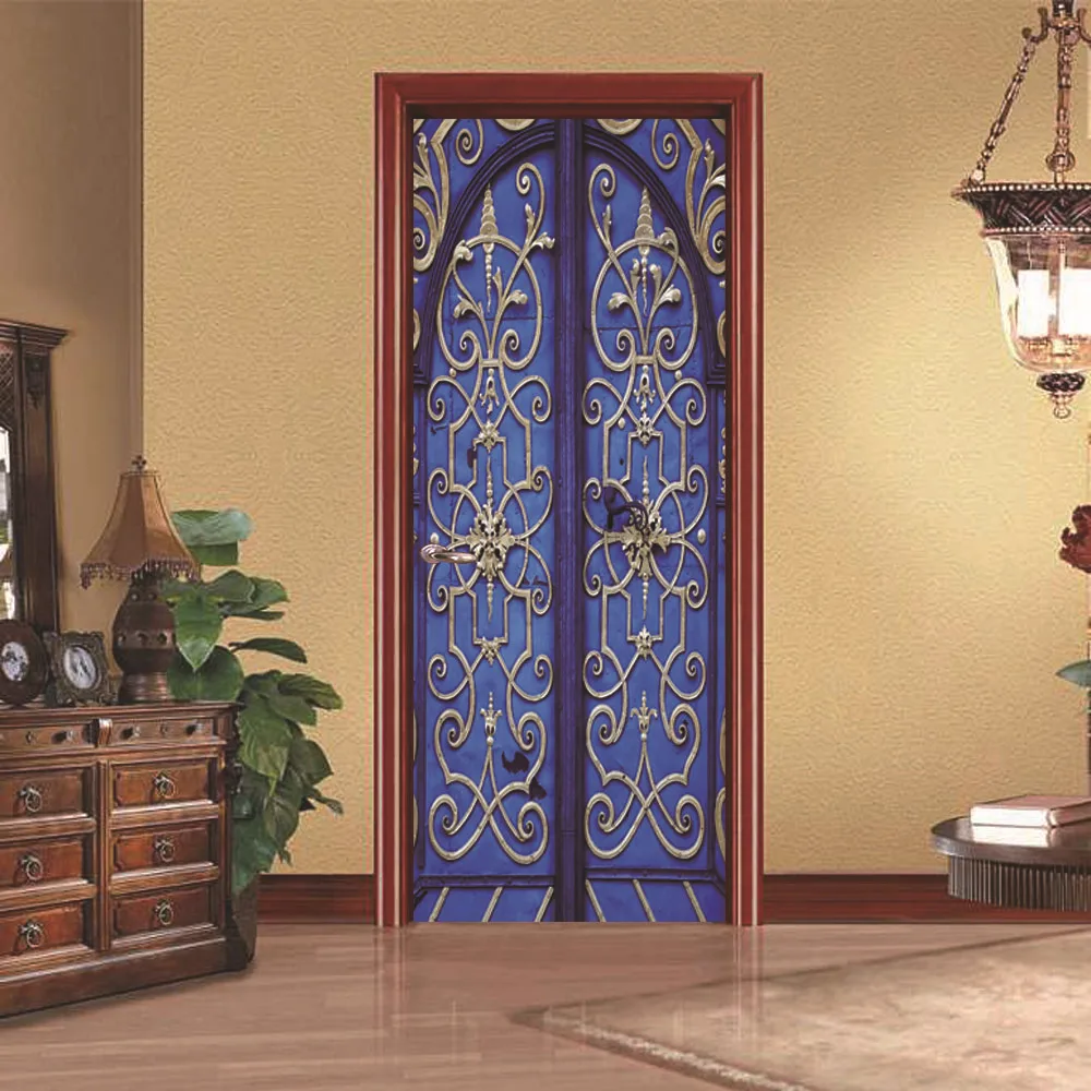 

3D Blue Retro Striped Door Sticker Old Door Renovation Living Room Bedroom Door Home Decor Waterproof Removable Wall Sticker