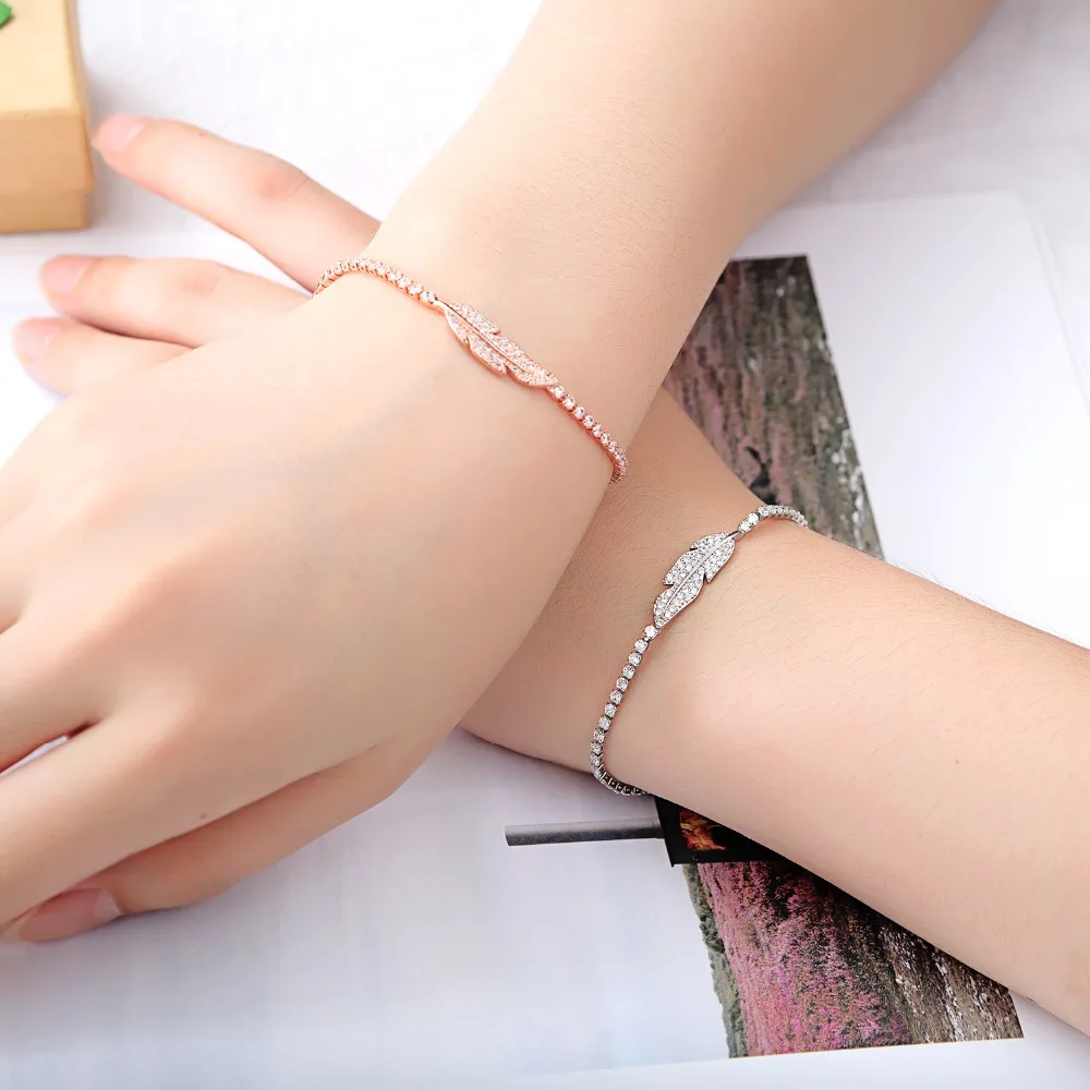 Felicelia Fashion Leaf Design Rhinestone Cubic Zirconia Tennis Bracelet Silver/ Rose Gold Color Chain For Women Girl | Украшения и