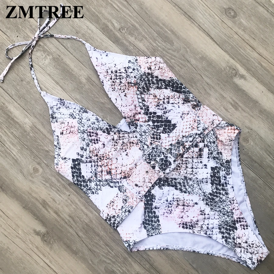 ZMTREE топ с лямкой через шею Цельный купальник со змеиным принтом купальный костюм