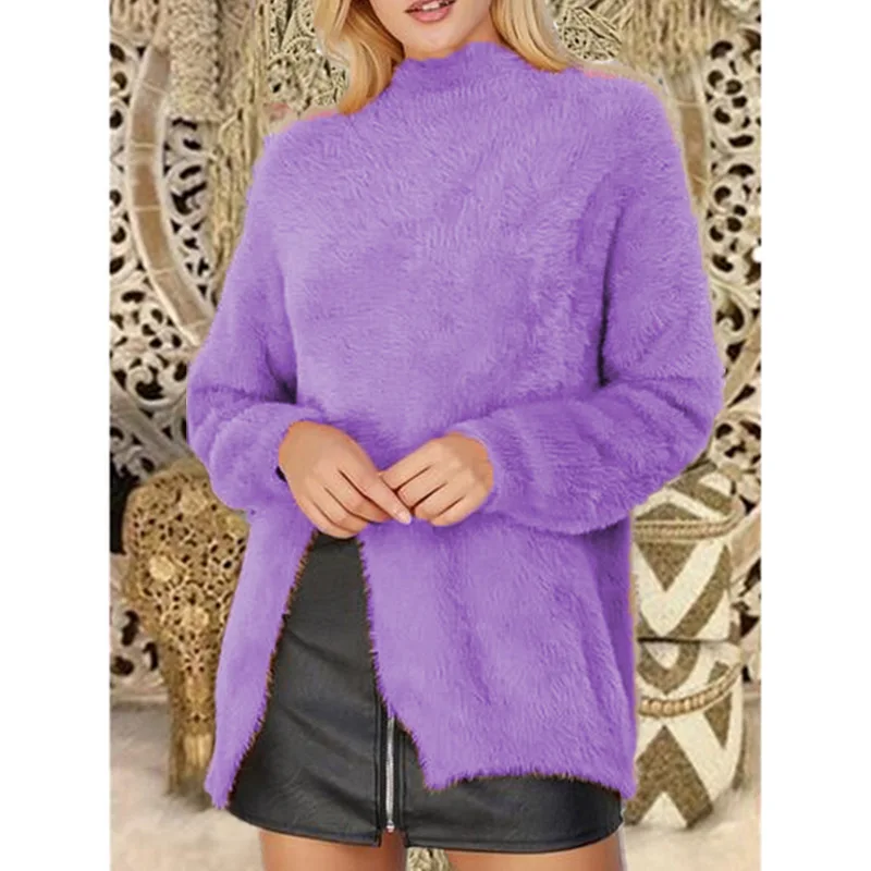 

Long Sleeve Women Plush Slit Sweater Solid Color Tops Casual Loose Tops Blouse