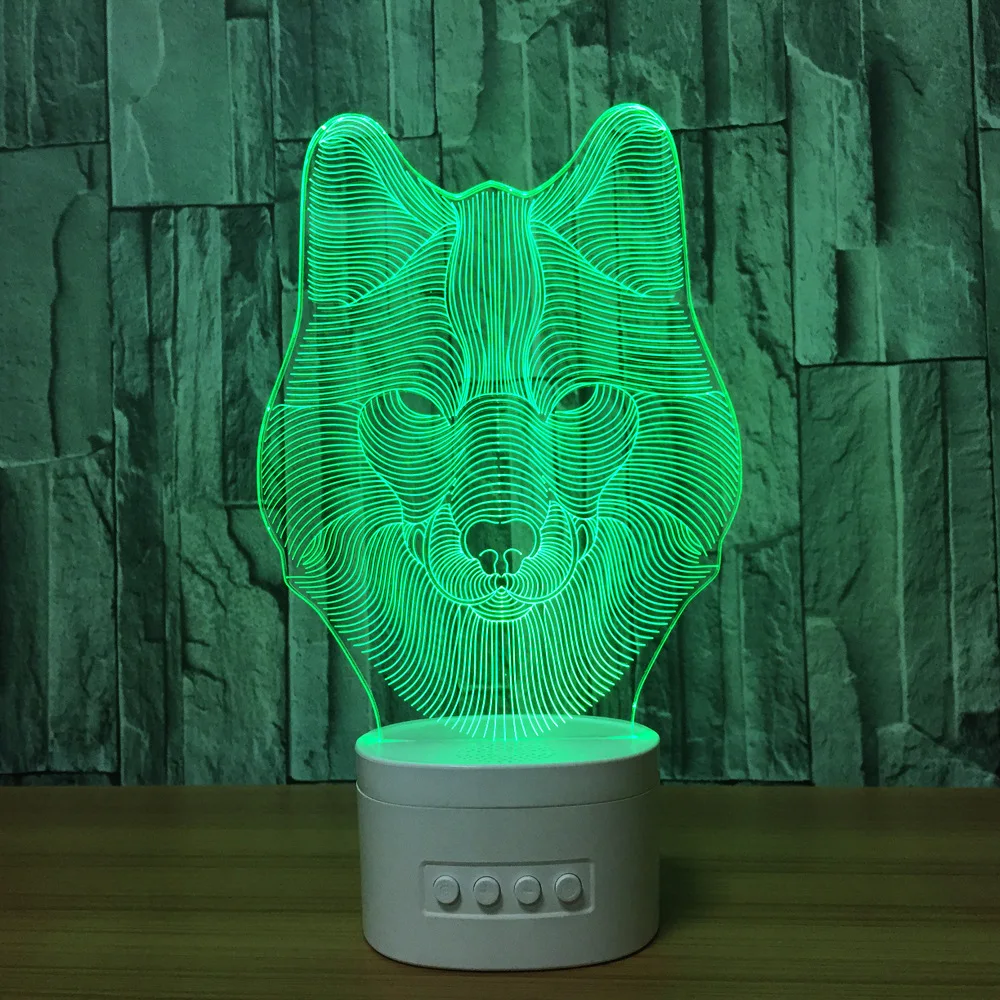 

Wolf head acrylic led night light White Wireless speaker base USB charging TF card 5 color adjustable Action figure gifts Y100