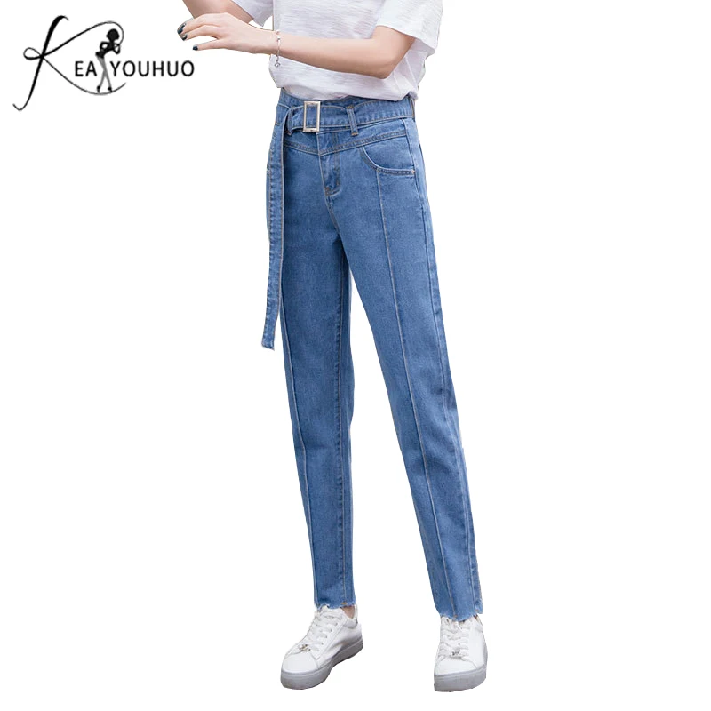 

Autumn 2020 Blue High Waist Boyfriend Jeans For Women Trousers Belt Denim Pants Straight Jeans Woman Feminino Femme Plus Size 34
