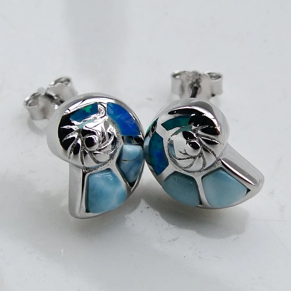 Natural Larimar Conch Earring Fine Jewelry Stud Earring Blue Opal Earring 100% 925 Sterling Silver Jewelry for Women Nice Gift