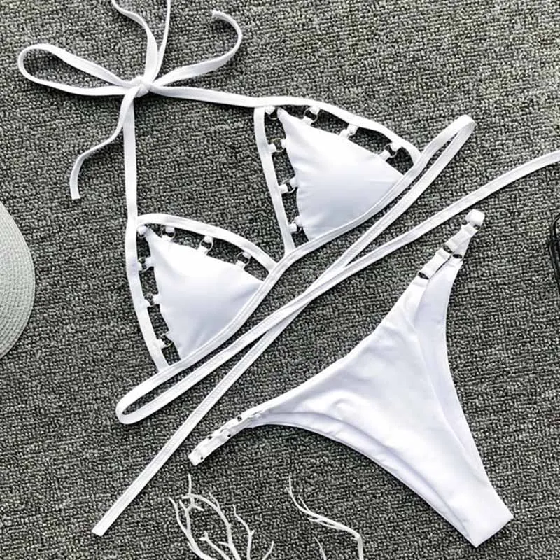 white Сексуальный Черный Белый бикини со стрингами купальники tanga женский купальный костюм из двух частей купальный костюм купальный набор бикини в форме треугольника - Цвет: white