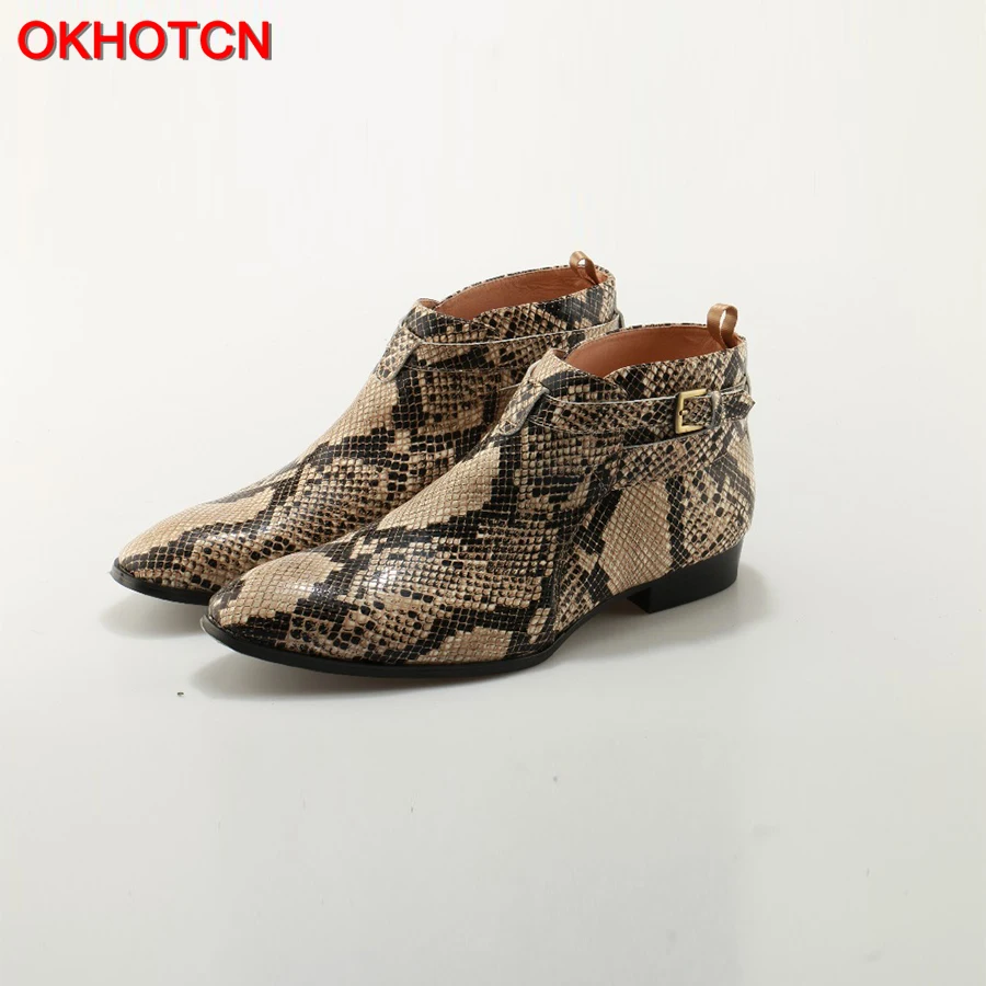 OKHOTCN новые тисненые кожаные мужские ботильоны с ремешком и пряжкой из кожи питона