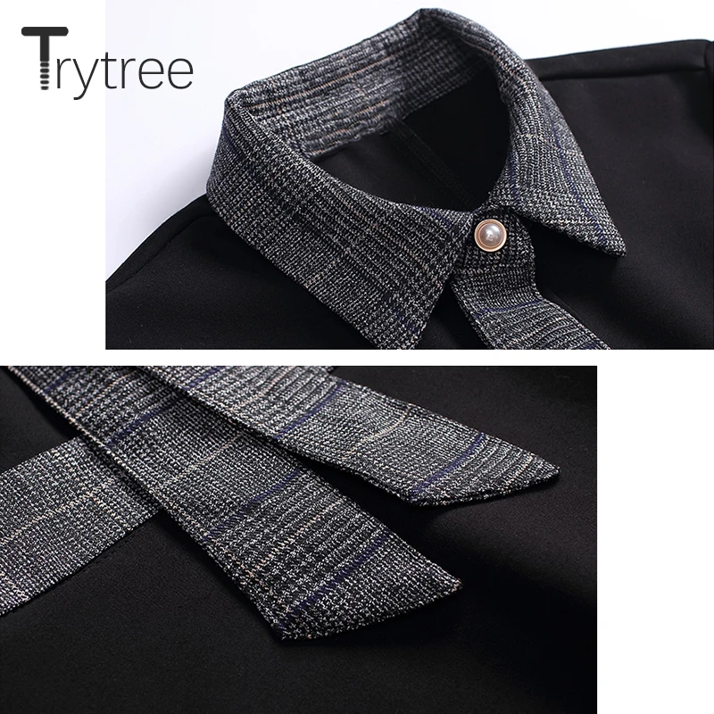 Trytree осеннее платье повседневное ТРАПЕЦИЕВИДНОЕ женское черное платье-рубашка лоскутное клетчатое платье с галстуком и отложным воротником на пуговицах длиной до колена