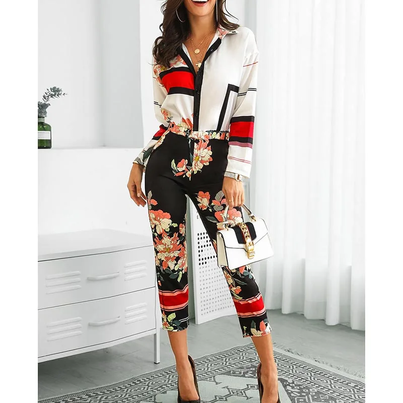 Женский комбинезон с длинным рукавом комбинезоны цветочным принтом и отложным