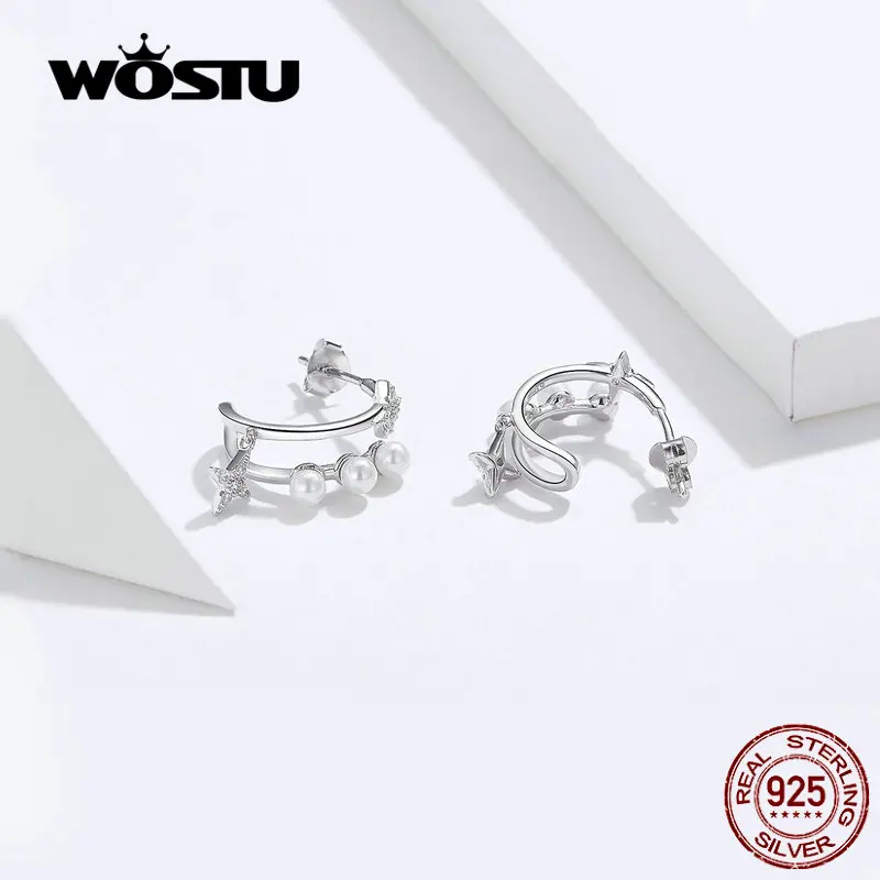 WOSTU S925 яркие циркониевые серьги, оригинальные настоящие 925 пробы, серебряные классические глянцевые жемчужные Двойные серьги, ювелирное изделие CTE183