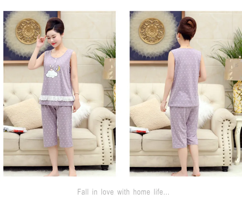 Хлопковый жилет укороченные брюки pijama для женщин Летний принт кружево дамы повседневный комплект с круглым вырезом shortless женский домашний костюм плюс размеры 4XL