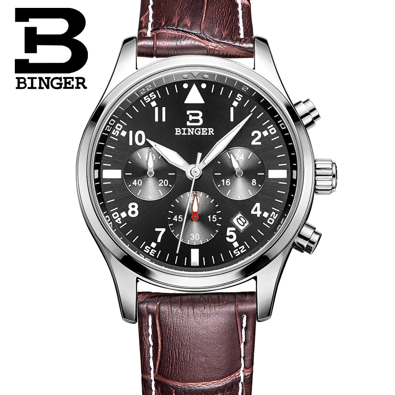 Switzerland BINGER men's watches luxury brand Quartz waterproof leather strap clock Chronograph Stop Watch Wristwatches B9202-9 |