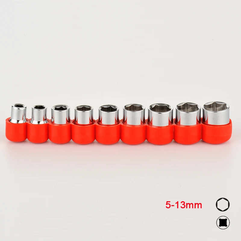 

9pcs 5-13mm Hex Socket Wrench Head For 1/4 inch 6.35mm Drive Metric 6 Point Hexagon Sockets Set Nut Driver with Rubber Holder