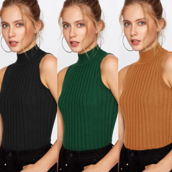 

2019 Women Summer Sleeveless Knit Slim Shirt Tank Tops Casual High Neck Vest Tops