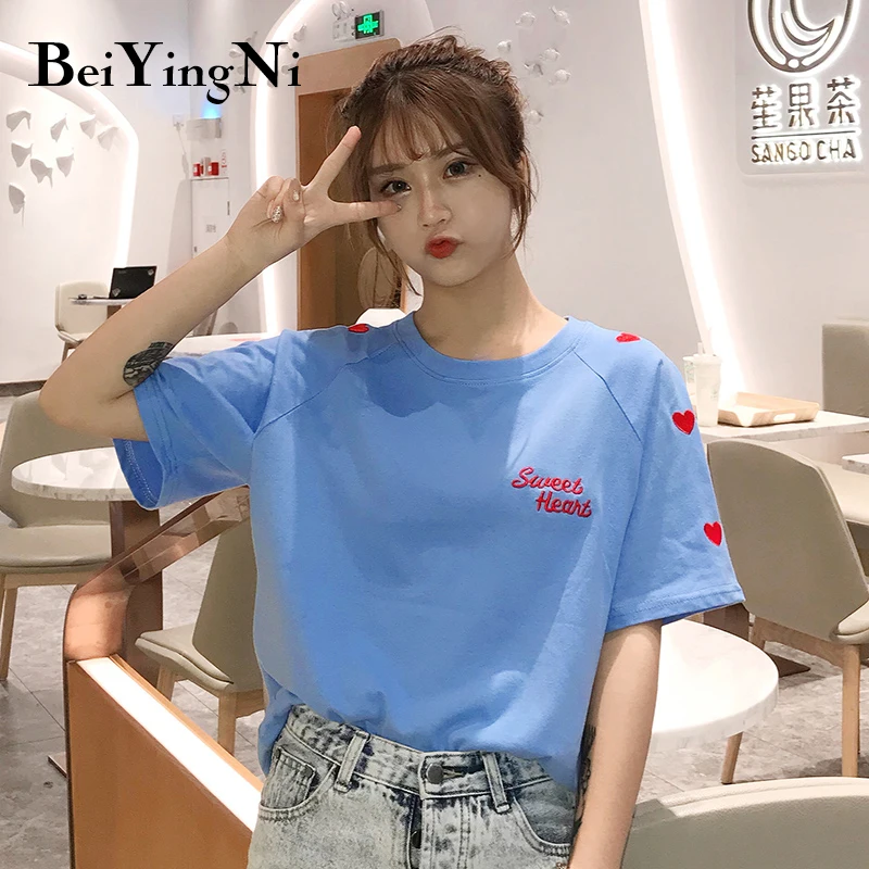 Beiyingni Письмо Сердце Вышивка Сладкая женская футболка Harajuku Лето короткий рукав