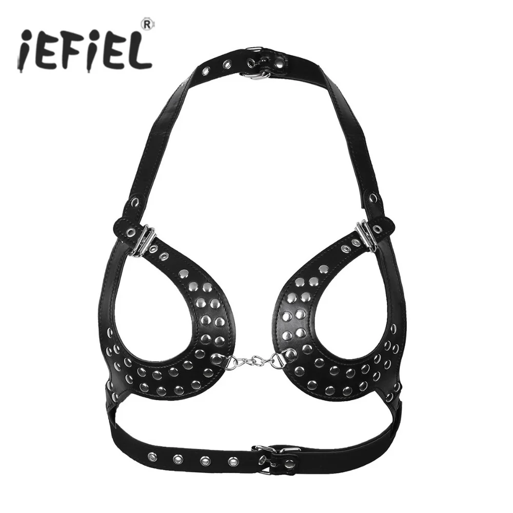 Женский пикантный регулируемый бюстгальтер из искусственной кожи с цепочкой и