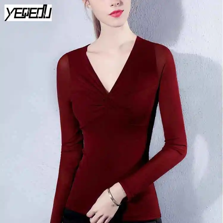 #3811 сплошной цвет Футболка глубокий v-образным вырезом Sexy большой stretch весна/осень