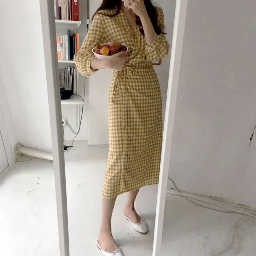 Yellow Plaid Dress Новое поступление, женское кимоно в клетку, на шнуровке, до середины икры, платье, латерн, половина рукава, v-образный вырез, высокая талия, Vestidos, корейский стиль, D92002F - Цвет: Yellow Plaid Dress