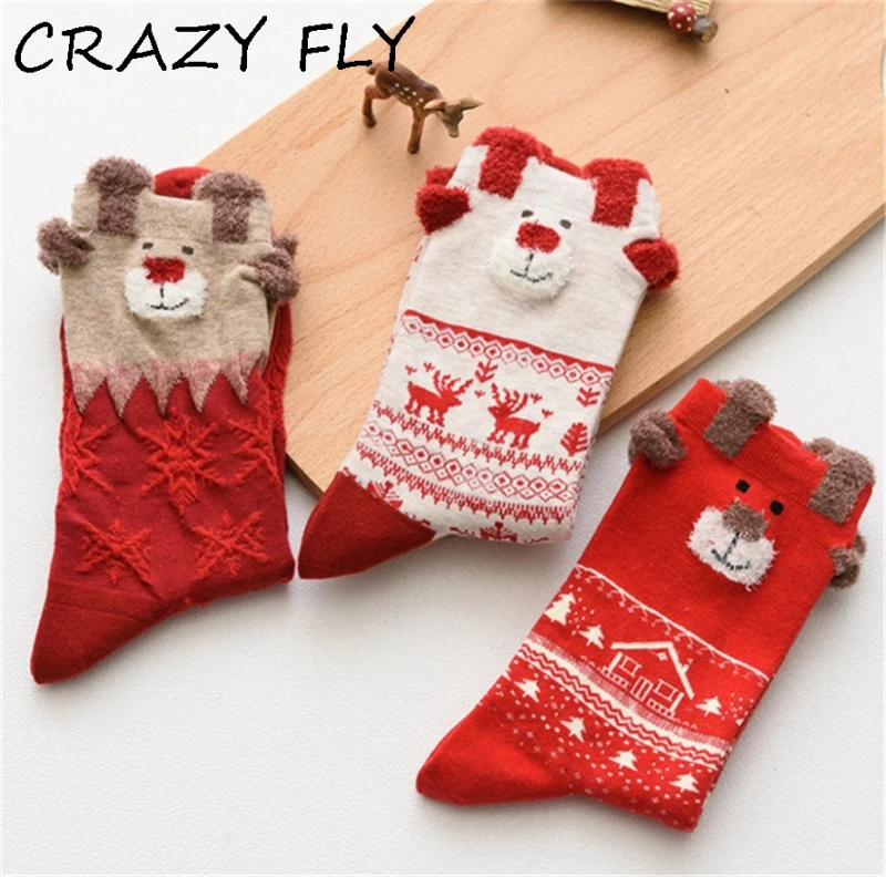 Носки с рождественским оленем CRAZY FLY 3 шт. женские и мужские повседневные вязаные