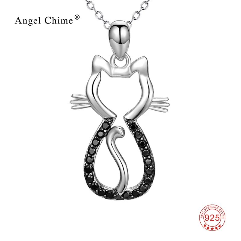 

Fashion Pure 925 Sterling Silver Lucky Cat White Black Crystal Pendant Statement Necklace Lovely Jewelry Kolye For Women
