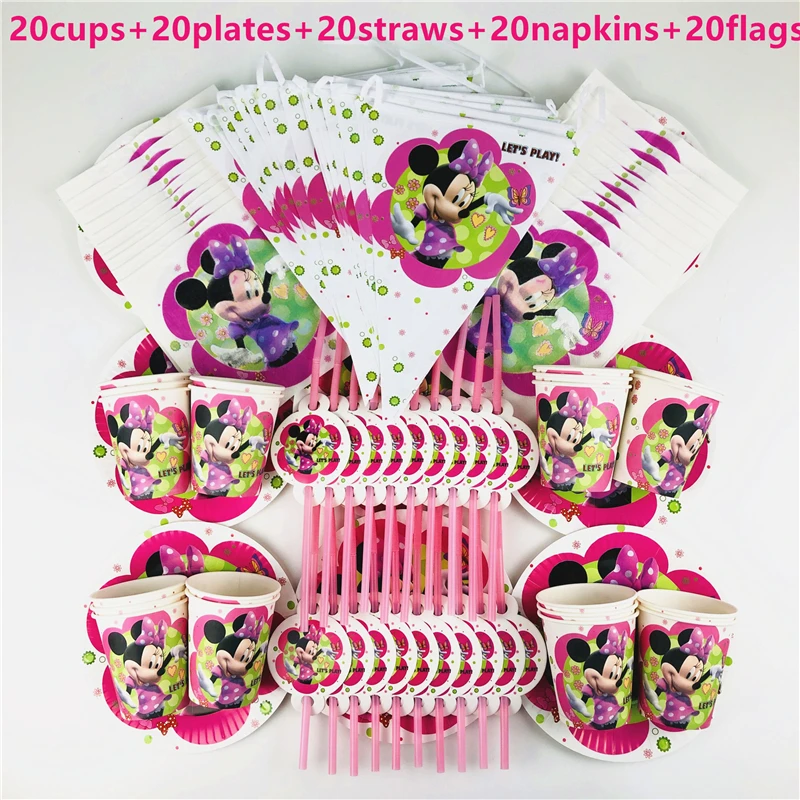 

100Pcs Disney Minnie Mouse Theme Kid Favor Birthday Party Paper Disposable Cup+Plate+Napkin+Straw+Tablecloth Decoration Supplies