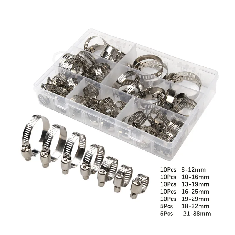 

60Pcs 8mm-38mm Mulit-Size Stainless Steel Hoop Clamp Hose Clamp Set Automotive Pipes Clip Fixed Tool Kit