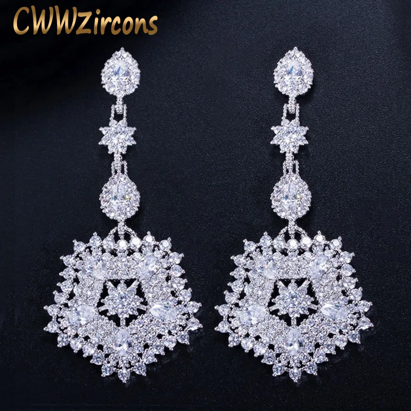 Женские сверкающие серьги CWWZircons длинные капельки с большим цветком из