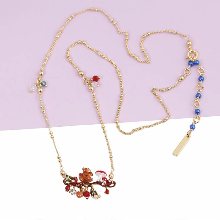 Lovely enamel glaze squirrel Red mushroom Pine nuts pendant necklace for women lady party jewelry choker necklaces | Украшения и