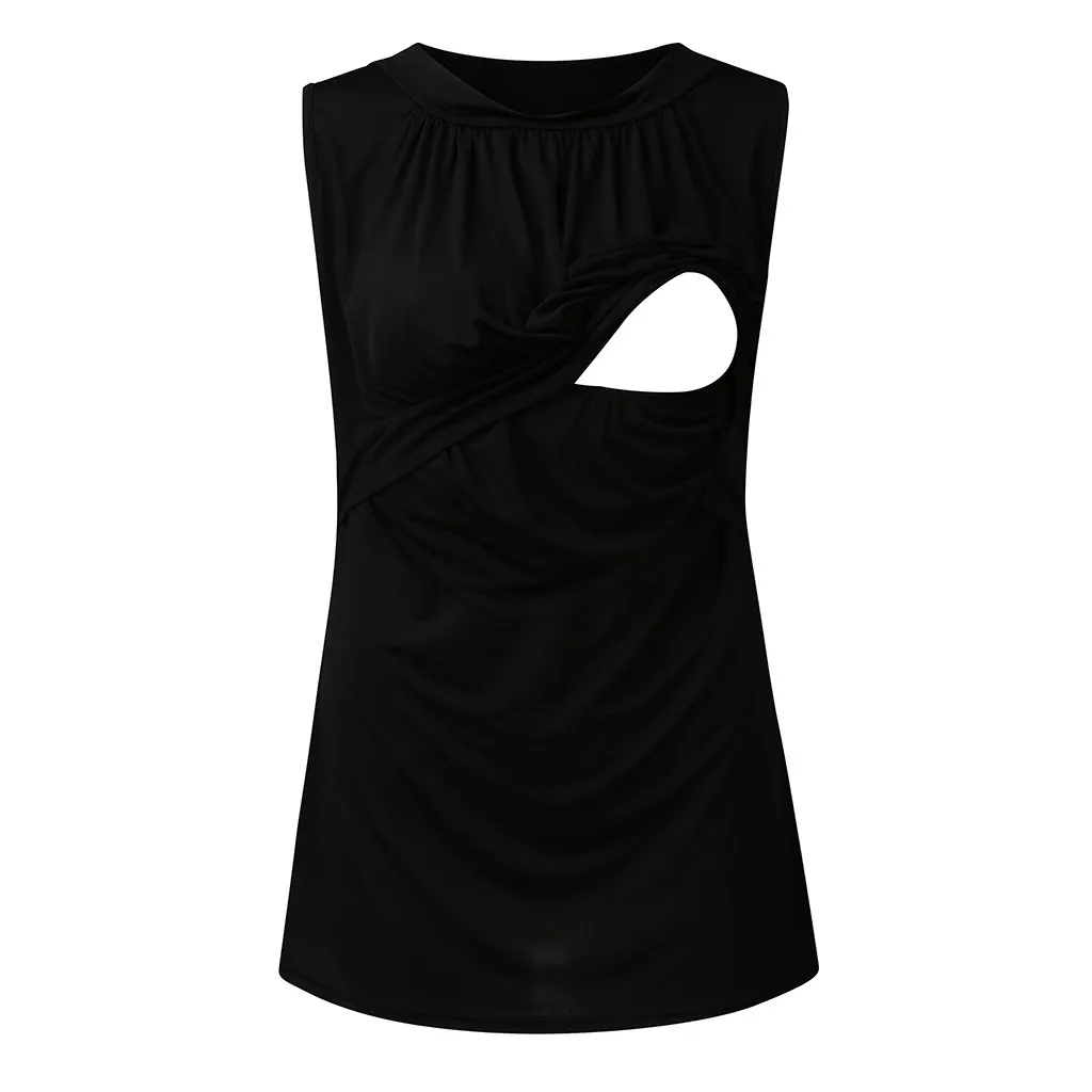 Black Women Pregnant Nusring Maternity Sleeveless Tops Vest Solid Ruffles Blouse Tops ropa de mujer breastfeeding blouse pregnancy top - Color: Black