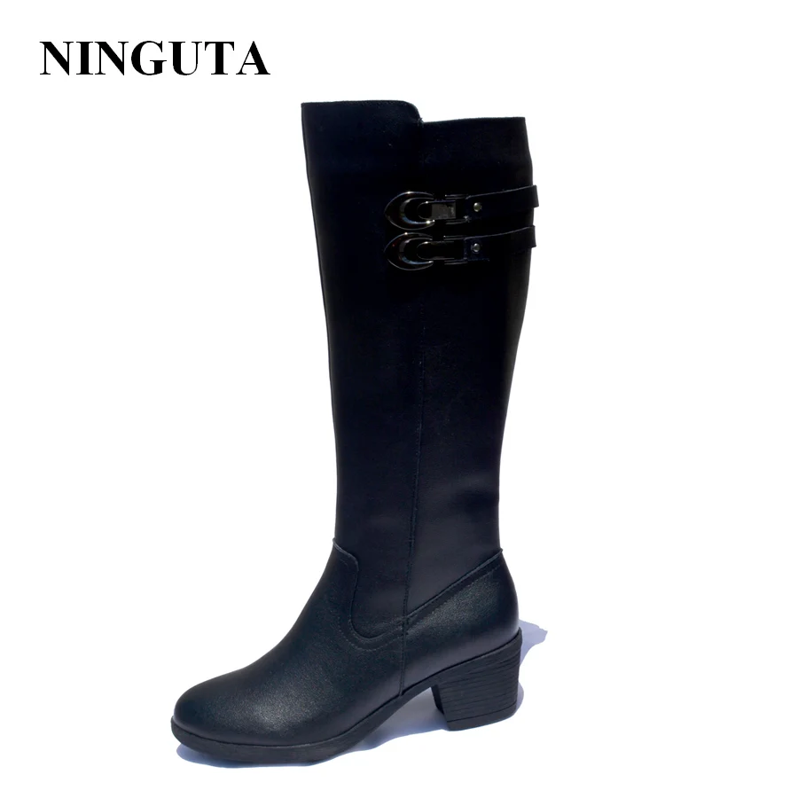 NINGUTA/зимние кожаные сапоги до колена Женская модная обувь на каблуке для России |