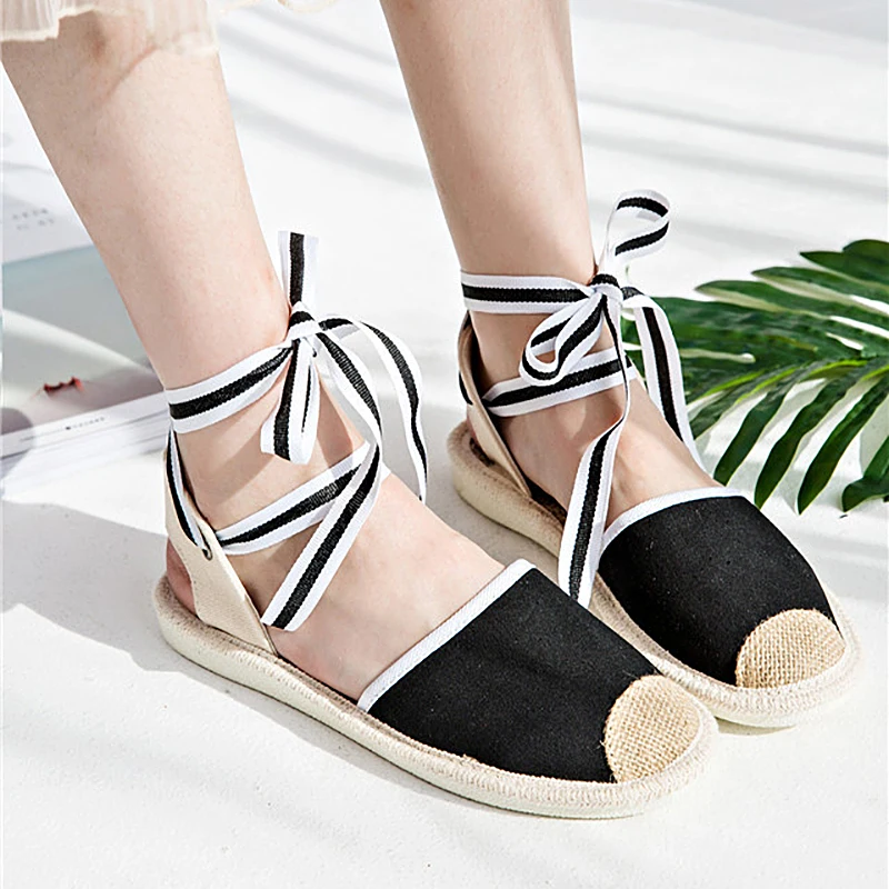 Холст espadrille Женские туфли-лодочки Ремешок на щиколотке Конопля снизу в рыбацком